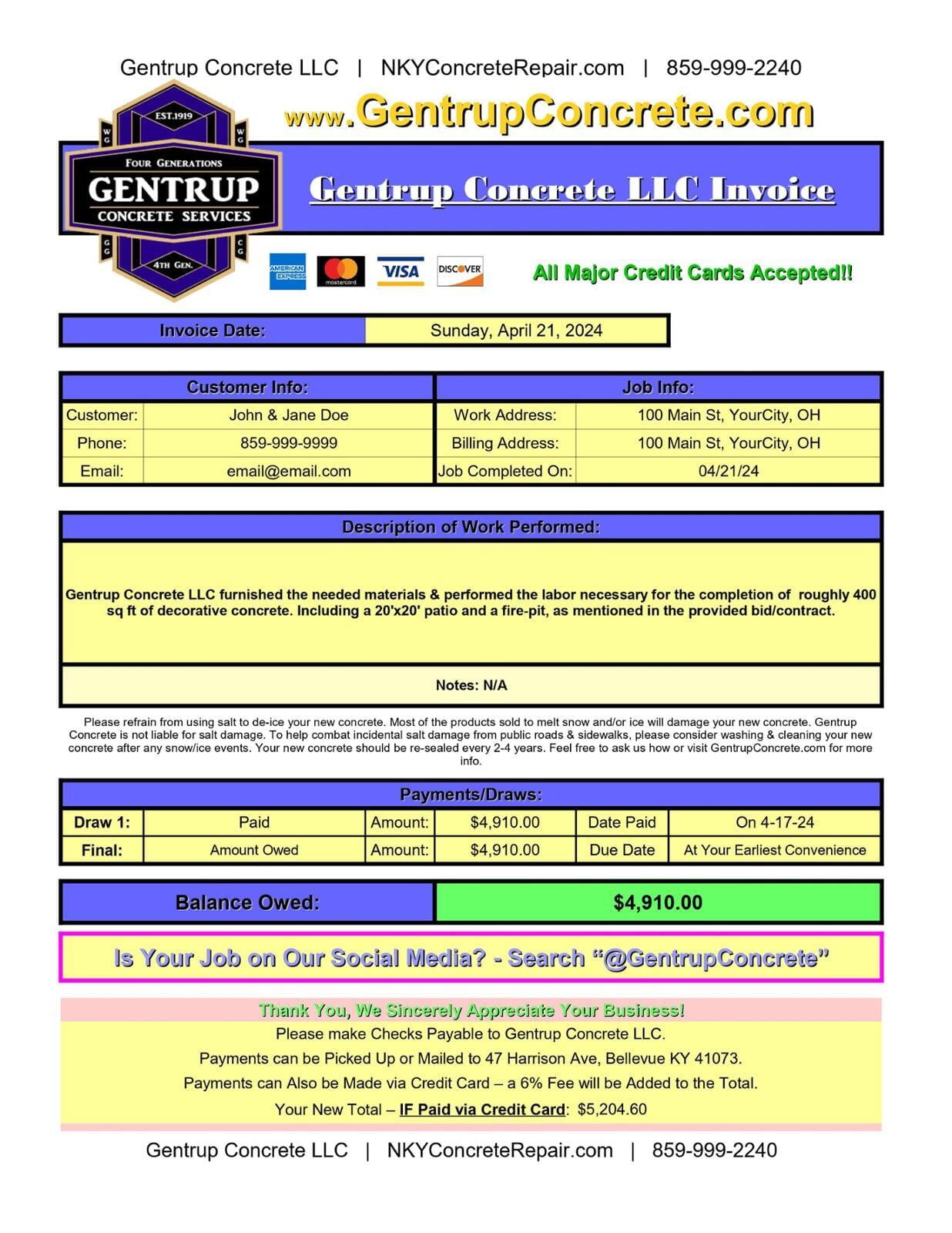 Example Invoice Gentrup Concrete